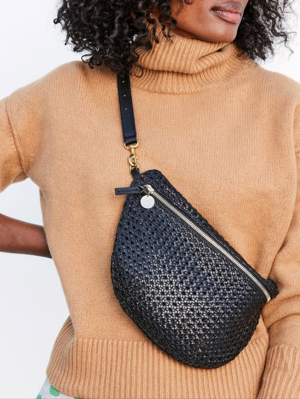 CLARE V GRANDE FANNY BAG - BLACK RATTAN LEATHER